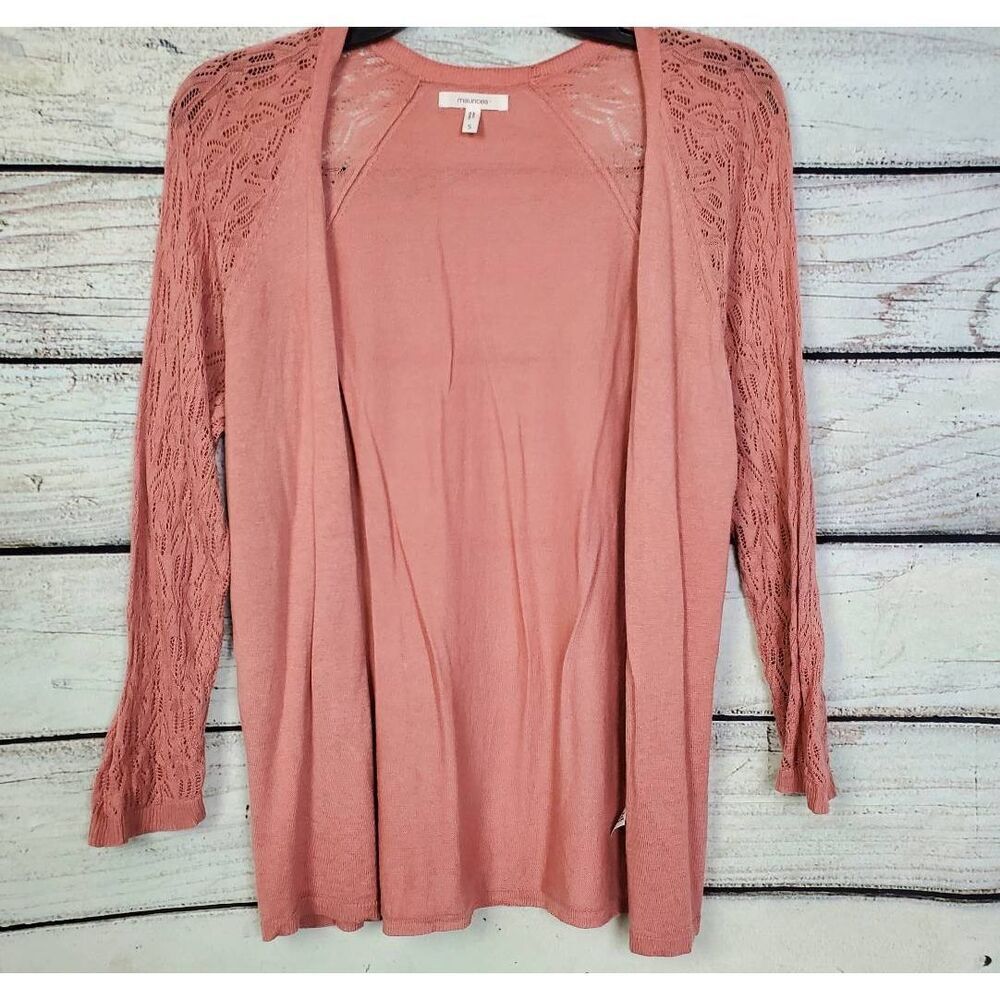 Maurices Small Pink Lace Sleeve Open Cardigan Cotton Viscose Blend Lightweight